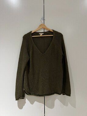 H&Ms Basic V Neck Knit Sweater - Olive Green, Medium
